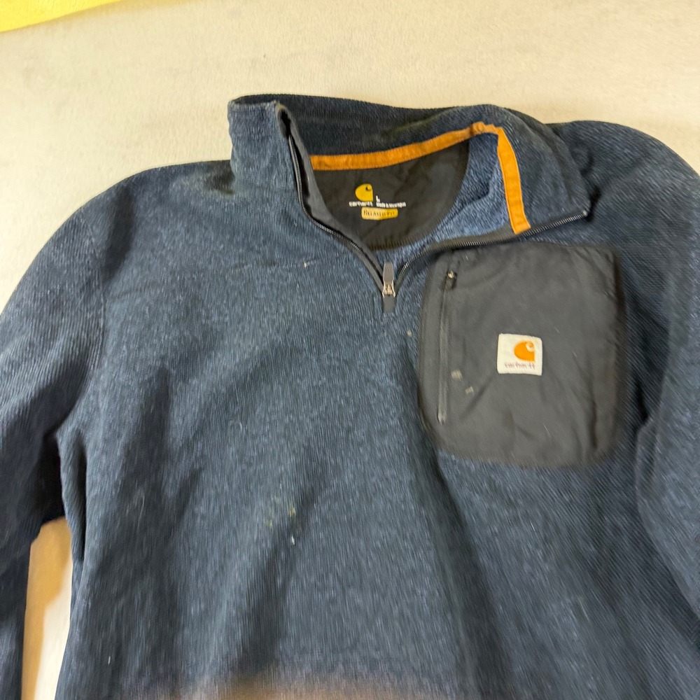 Carhartt Mens Relaxed Fit Quarter Zip Pullover Navy Blue Textured Knit Large